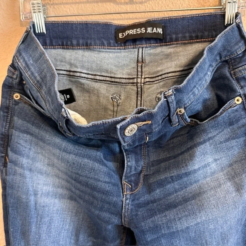 Express‎ Women's Distressed Raw Hem Ankle Legging Denim Blue Stretch Jeans 12